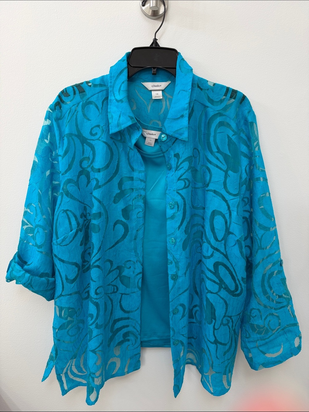CJ Banks Teal Layered Sheer Button-Front Top with Solid Tank